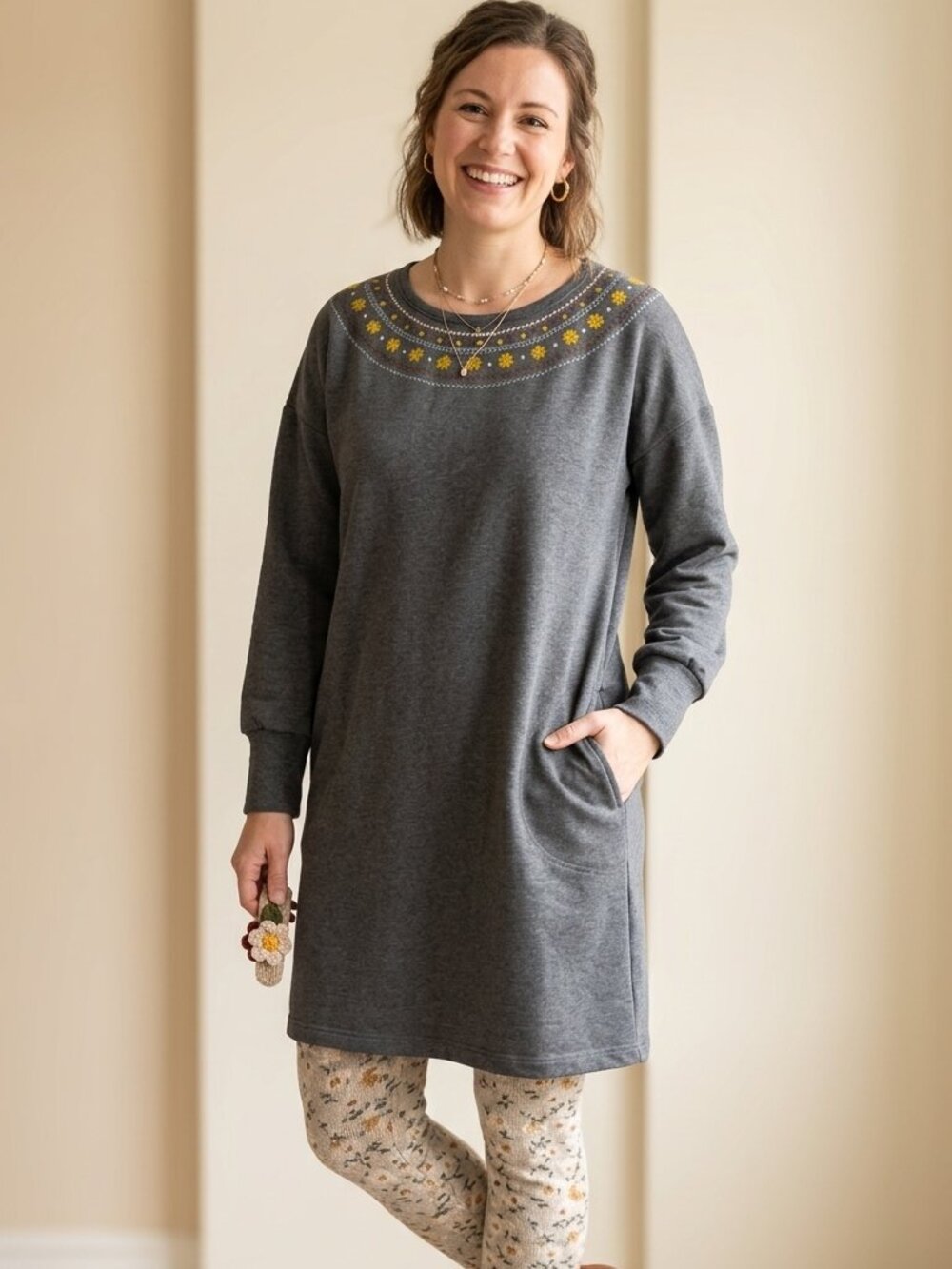 Matilda Jane Women's Size XL Gray Just Imagine Cozy Sweater Embroidered Dress